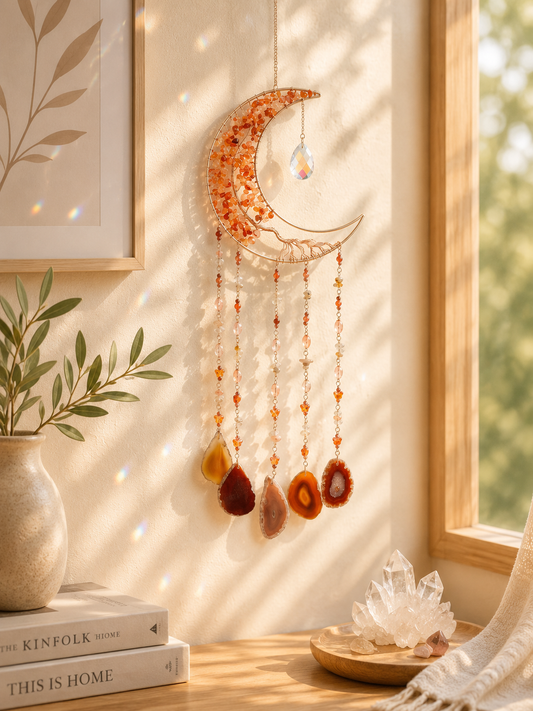 A crescent moon window wall hanging ornament with dangling agate-like stones in warm orange, brown, and amber tones, displayed on a sunlit wall beside a window.