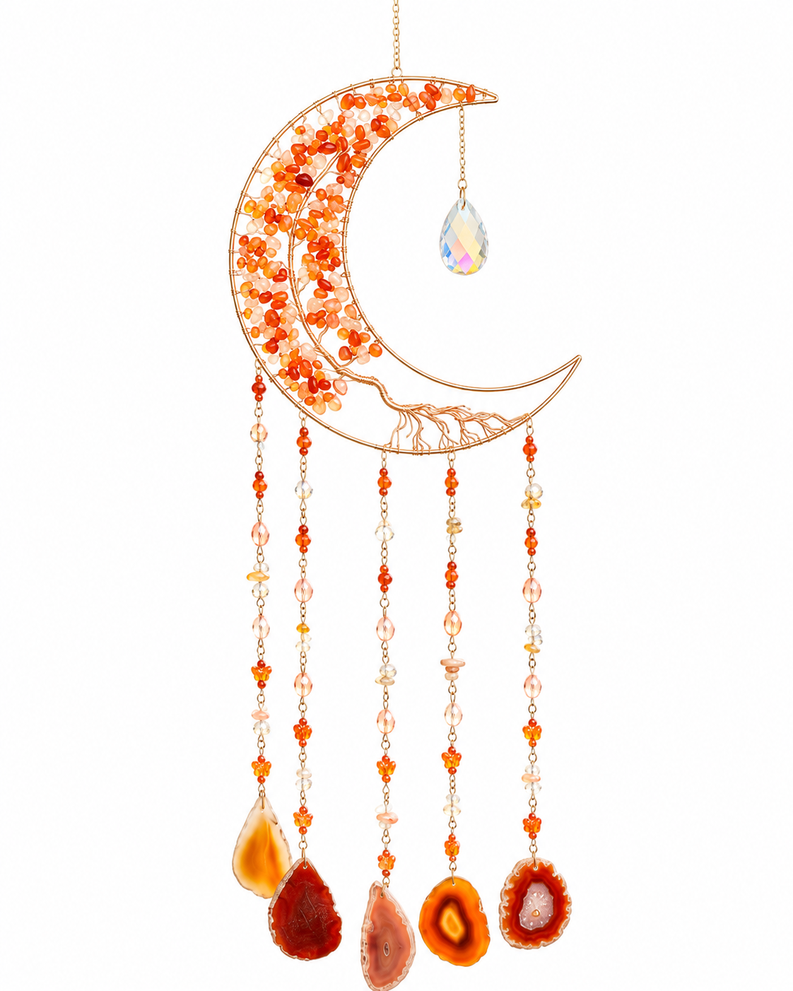 A gold crescent moon suncatcher ornament decorated with orange and amber glass beads, featuring five dangling teardrop-shaped agate pieces in warm orange, red, and brown agate patterns, shown against a plain white background.