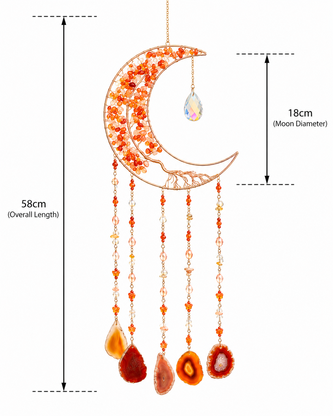 A crescent moon dream catcher ornament with orange and red agate stone accents and hanging beaded strands, shown on a white background with dimension labels indicating 58cm overall length, 18cm moon diameter, and full hanging length.