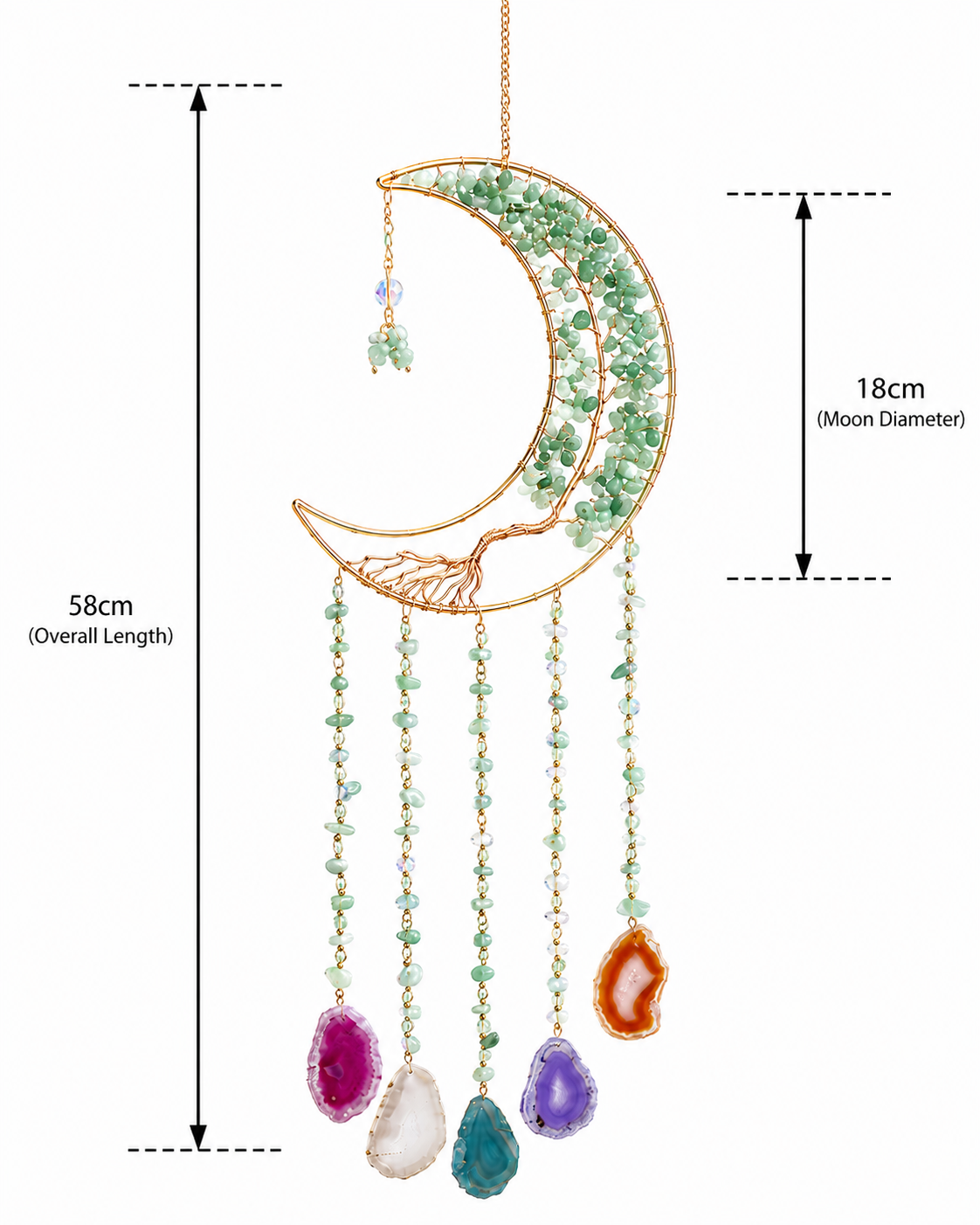 Gold crescent moon suncatcher ornament with green crystal accents and hanging agate stones, shown with dimension labels indicating 58cm overall length and 18cm moon diameter on a white background.