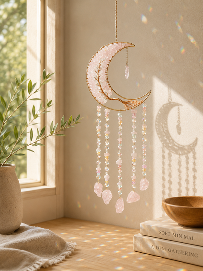 A crescent moon wall hanging ornament with pink rose quartz crystal beads and dangling crystal prisms, displayed in a warm, sunlit room corner next to a window with a plant and books.