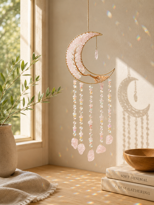 A crescent moon wall hanging ornament with pink rose quartz crystal beads and dangling crystal prisms, displayed in a warm, sunlit room corner next to a window with a plant and books.