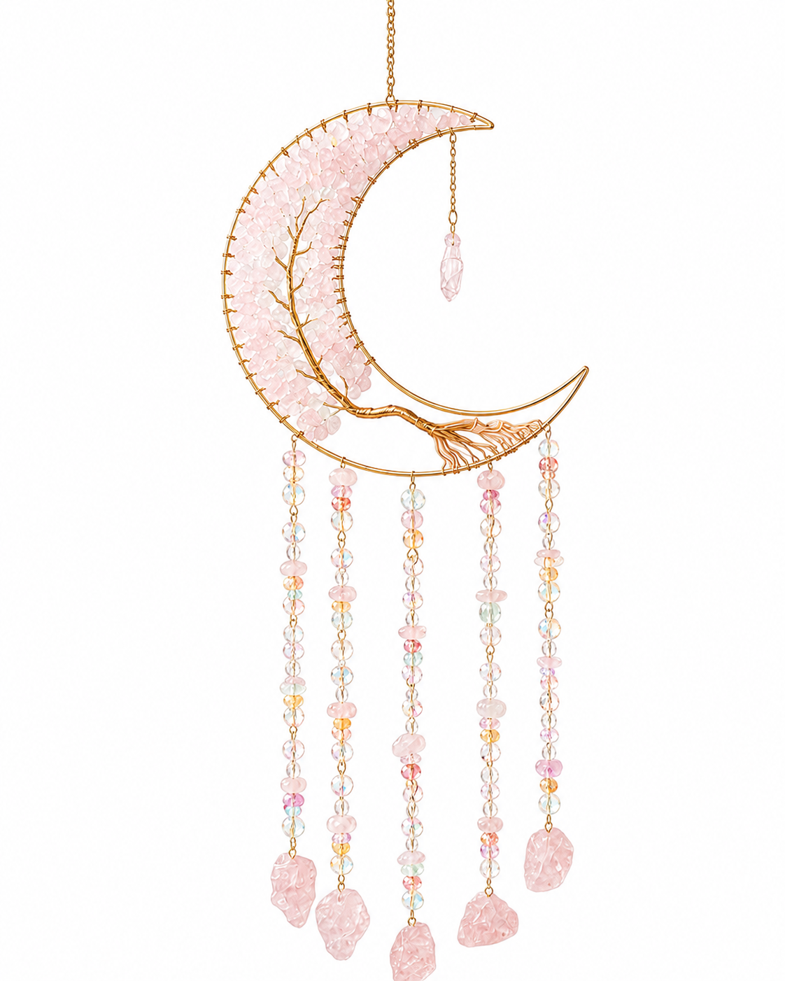 A crescent moon window hanging ornament made of gold-toned metal wire and pink crystal stones, with multiple dangling beaded and stone strands below, shown on a plain white background.