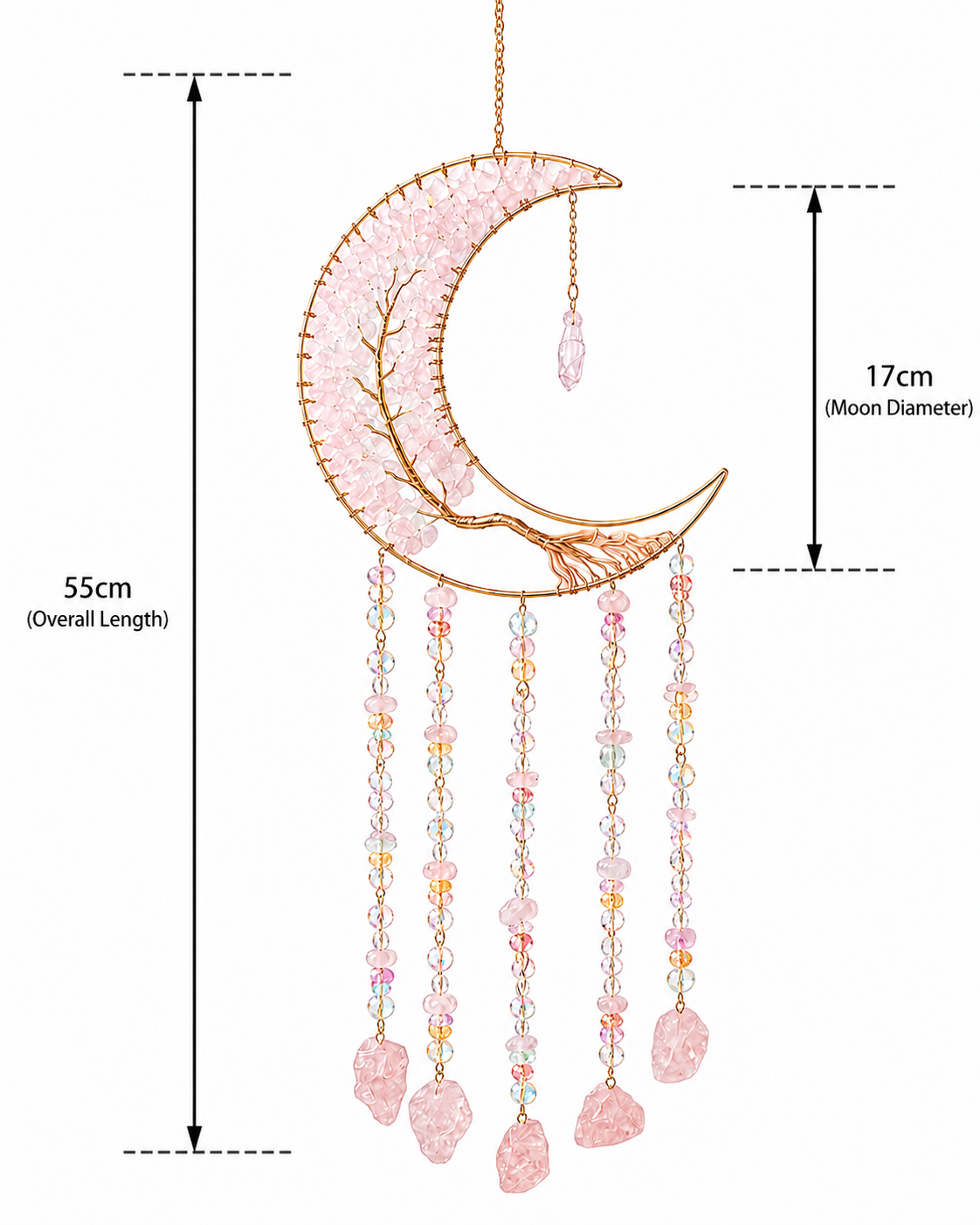 A crescent moon crystal dream catcher with hanging pink quartz beads and stones, shown with dimension lines indicating an overall length of 55cm and a moon diameter of 17cm on a white background.
