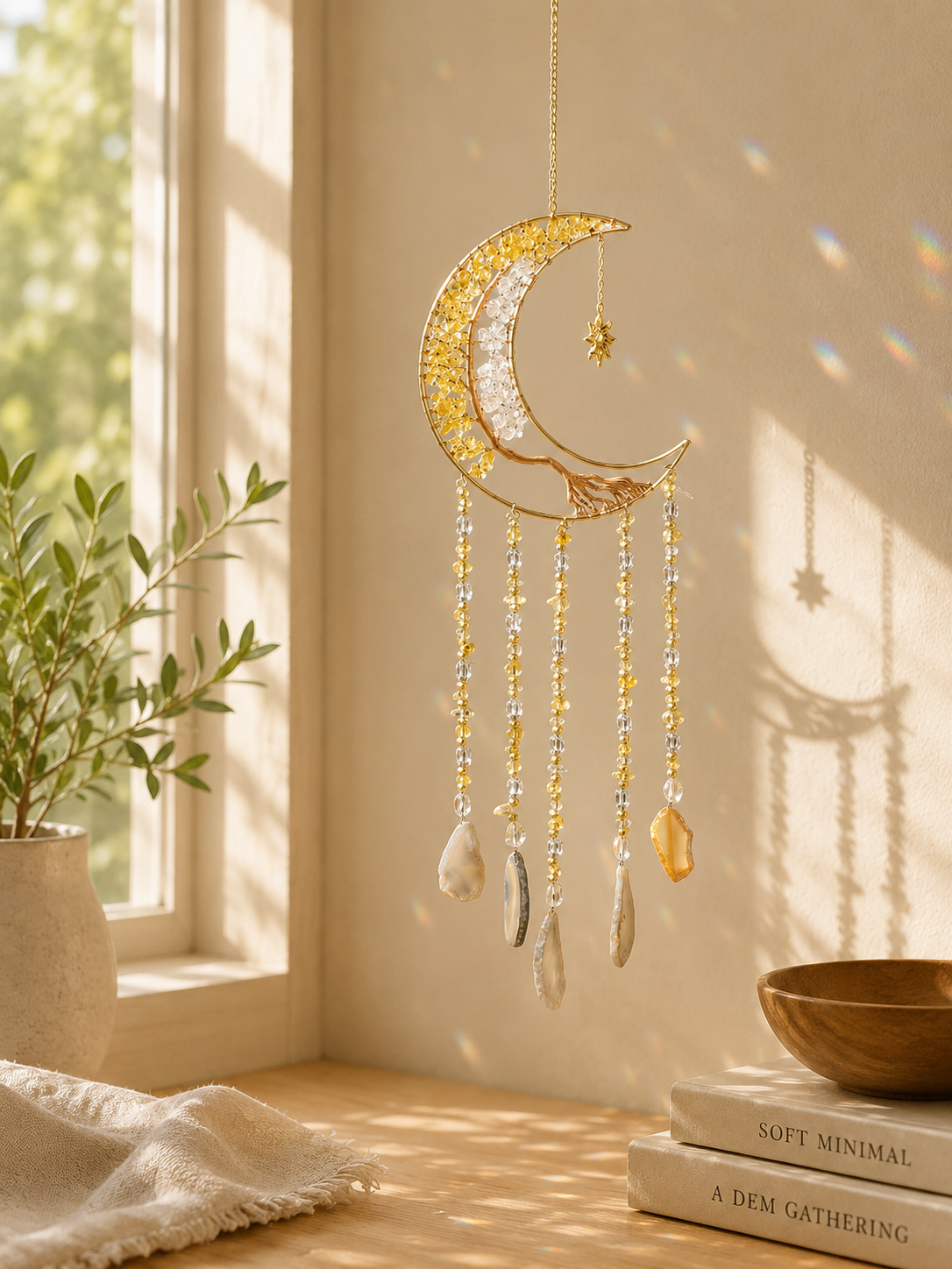 A gold crescent moon and sun crystal dream catcher with hanging teardrop prisms is displayed in a sunlit room corner next to a window, with soft shadows and light patterns on the wall.