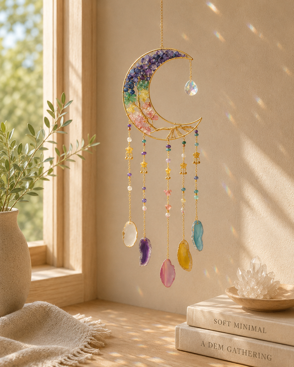 A crescent moon suncatcher with colorful floral inlay and dangling crystal teardrops prism, hanging in a sunlit room beside a window with books and a plant in the background.