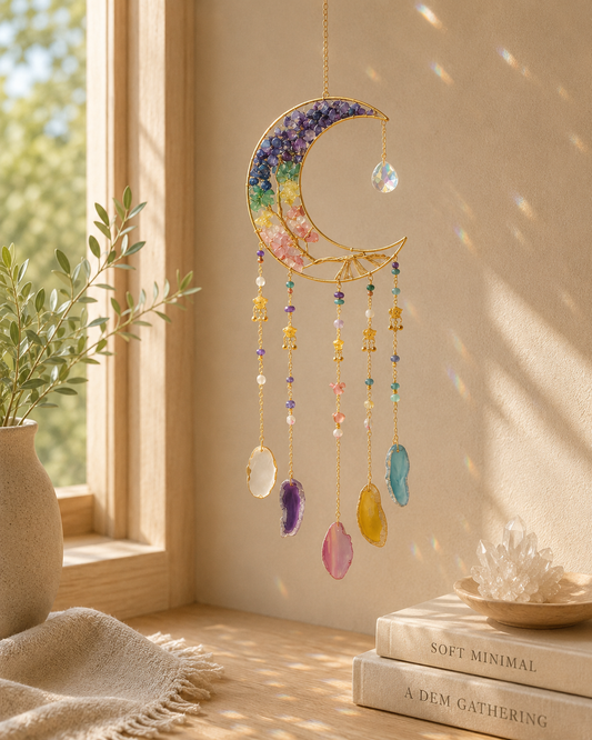 A crescent moon suncatcher with colorful floral inlay and dangling crystal teardrops prism, hanging in a sunlit room beside a window with books and a plant in the background.