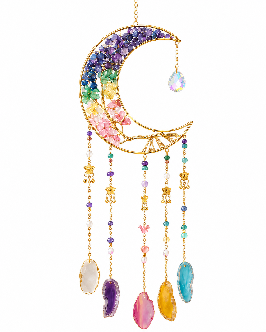 A gold crescent moon suncatcher ornament decorated with rainbow-colored gemstones and hanging crystal chains with agate drops, shown against a plain white background.