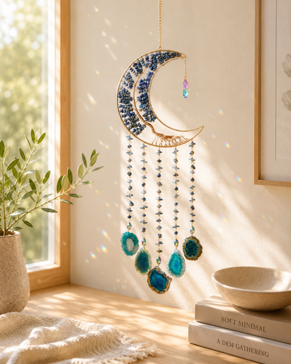 A crescent moon suncatcher with blue agate-like inlay and hanging turquoise beads, displayed on a windowsill in a warm, sunlit room with a plant and books.