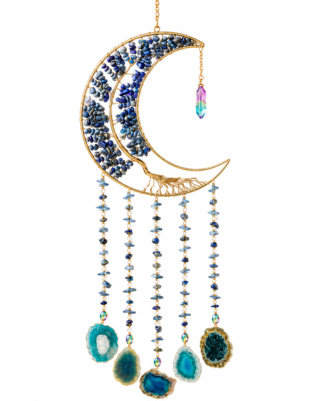 A gold crescent moon dream catcher ornament decorated with blue and white beads, featuring dangling beaded strands and polished blue agate stones at the bottom, shown against a plain white background.