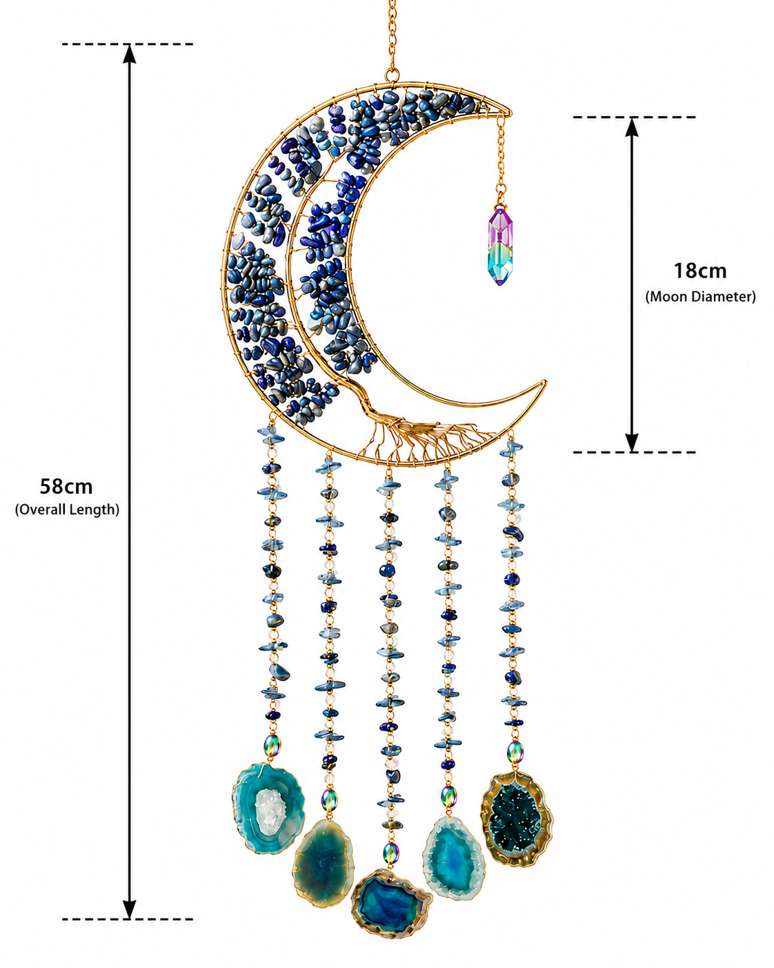 Gold crescent moon dream catcher ornament decorated with blue beads and hanging blue geode stones, shown with dimension lines indicating overall length of 58cm and moon diameter of 18cm.