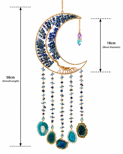 Gold crescent moon dream catcher ornament decorated with blue beads and hanging blue geode stones, shown with dimension lines indicating overall length of 58cm and moon diameter of 18cm.