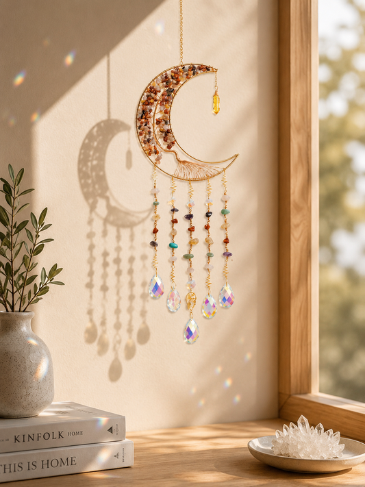 A crescent moon suncatcher ornament hanging on a wooden windowsill in a warm, sunlit room. The ornament features a gold-toned crescent moon filled with small amber beads, dangling strands of multicolored beads, and clear teardrop crystal prisms casting colorful light reflections on the beige wall behind it.