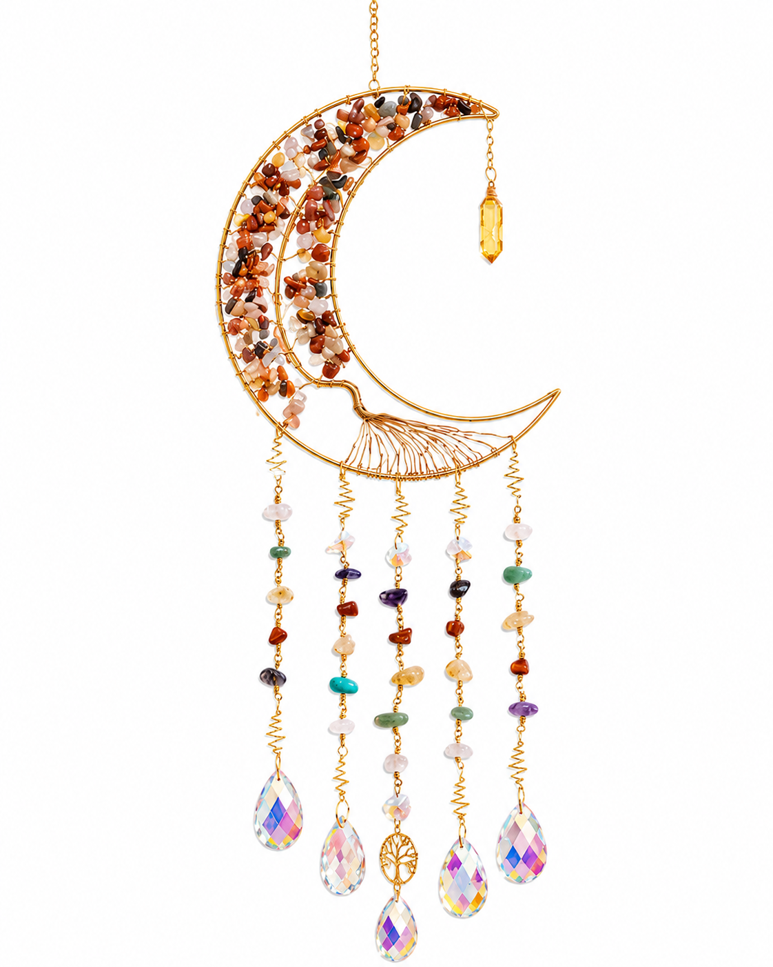 A gold crescent moon crystal dream catcher decorated with amber-colored natural stones on the inner curve, with multiple dangling beaded strands ending in faceted teardrop crystals prism, shown on a plain white background.