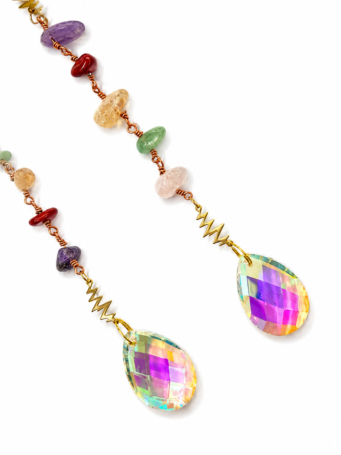 Crystal suncatcher featuring colourful natural gemstone chips and iridescent teardrop crystal pendants wrapped with copper wire.