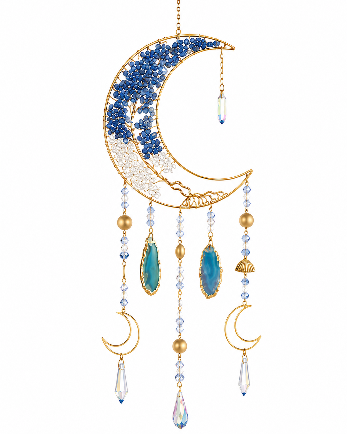 Gold crescent crystal moon suncatcher with blue and white beads, turquoise-colored stones, and dangling clear teardrop crystals on a white background.