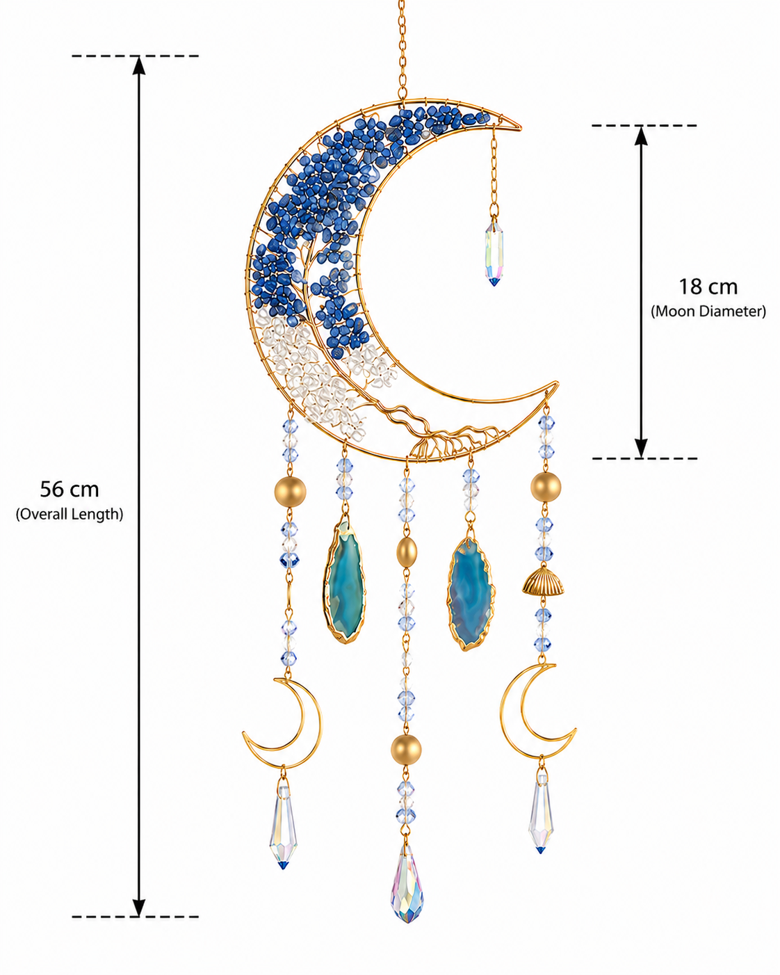Blue crescent moon crystal hanging with teardrop prisms, hanging teardrop beads, and dangling gold beads, shown with dimension markings of 56 cm overall length and 18 cm moon diameter on a white background.