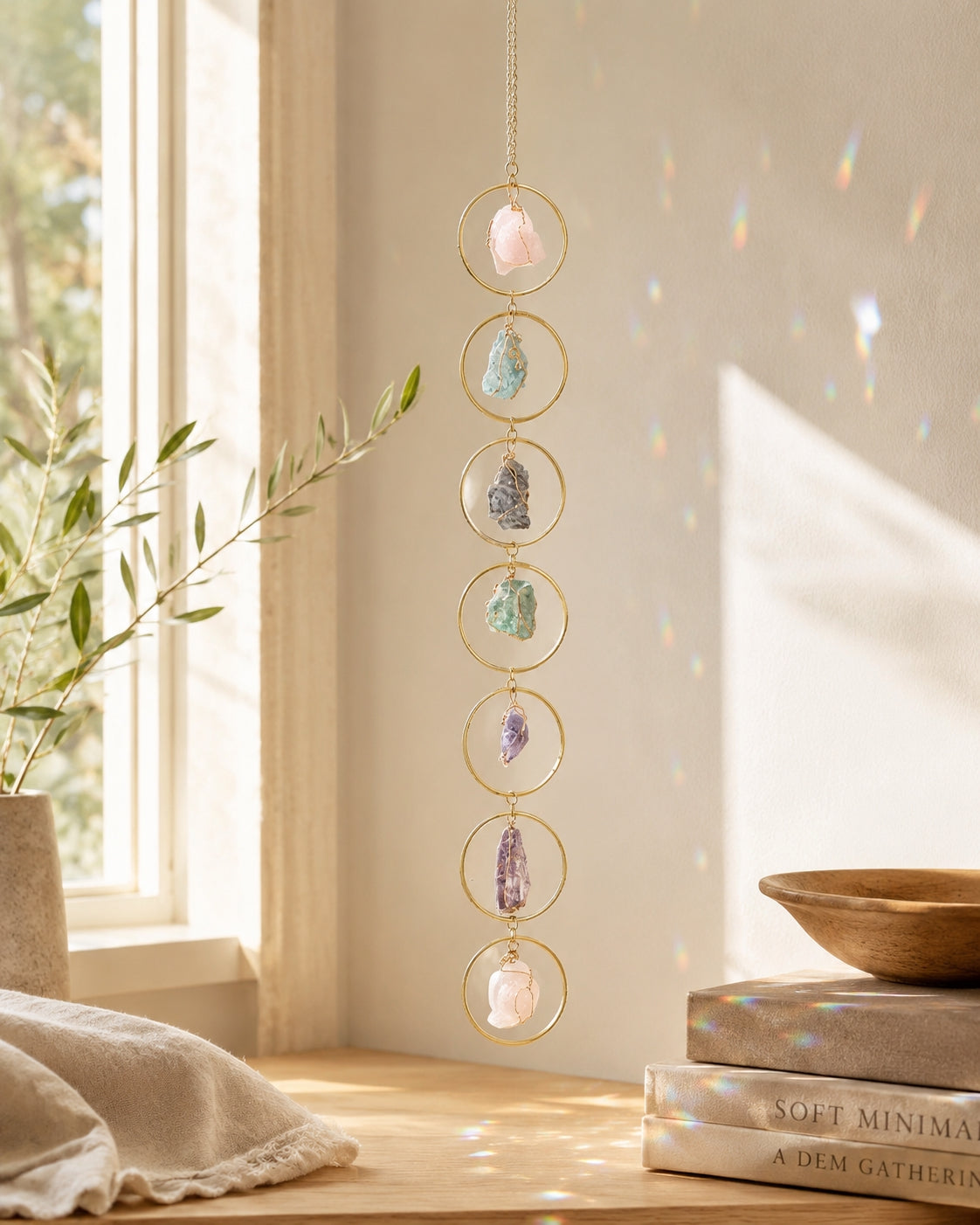 Colourful natural crystal suncatcher displayed beside a sunlit window as an elegant piece of boho home decor.