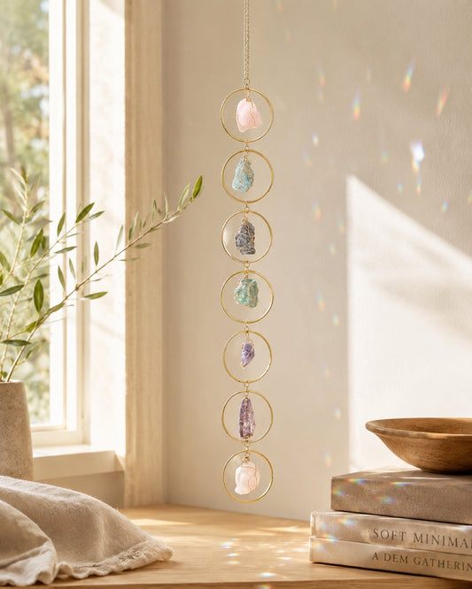 Colourful natural crystal suncatcher displayed beside a sunlit window as an elegant piece of boho home decor.