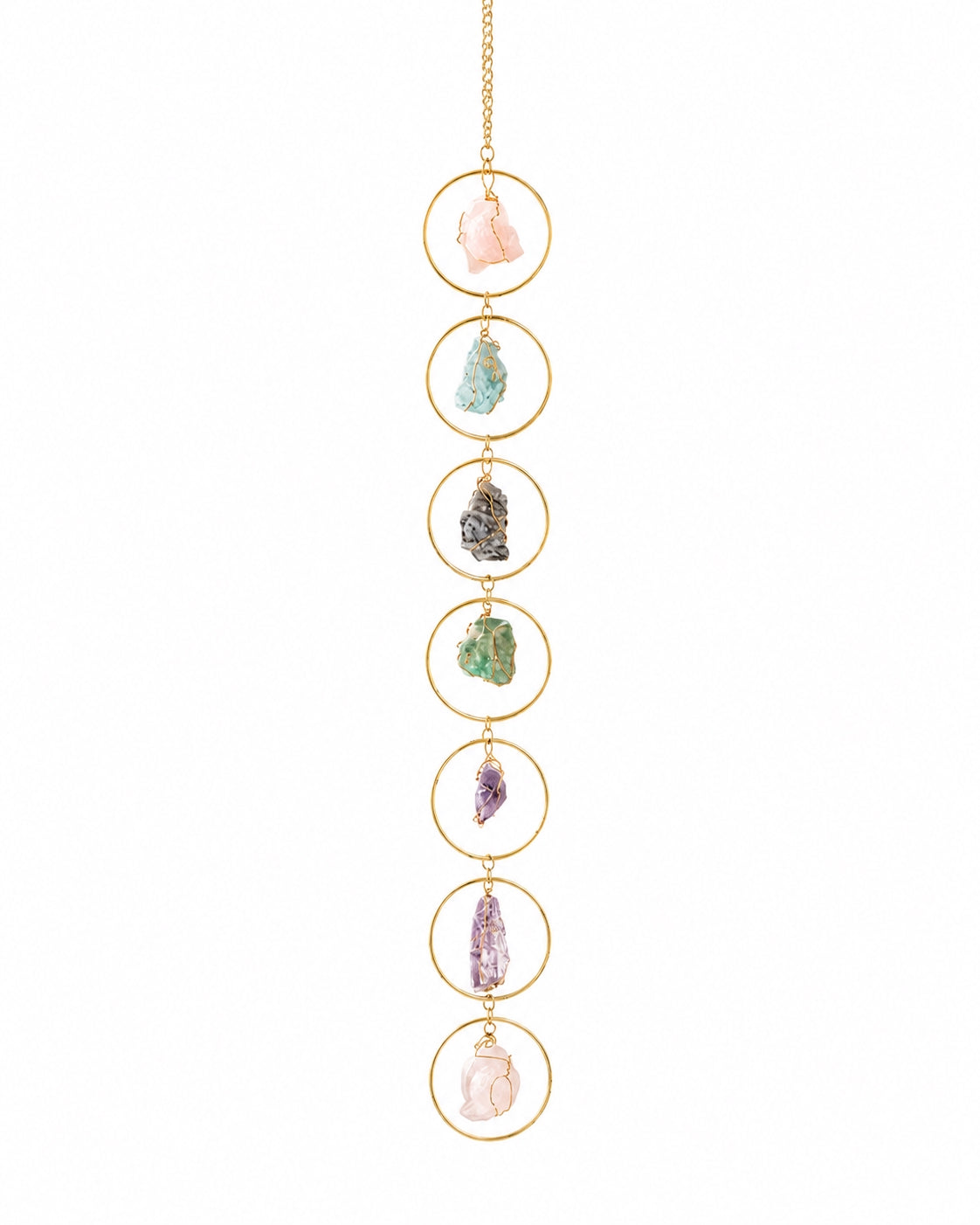Full view of a colourful natural crystal hanging decoration with gold-toned circular frames on a clean white background.