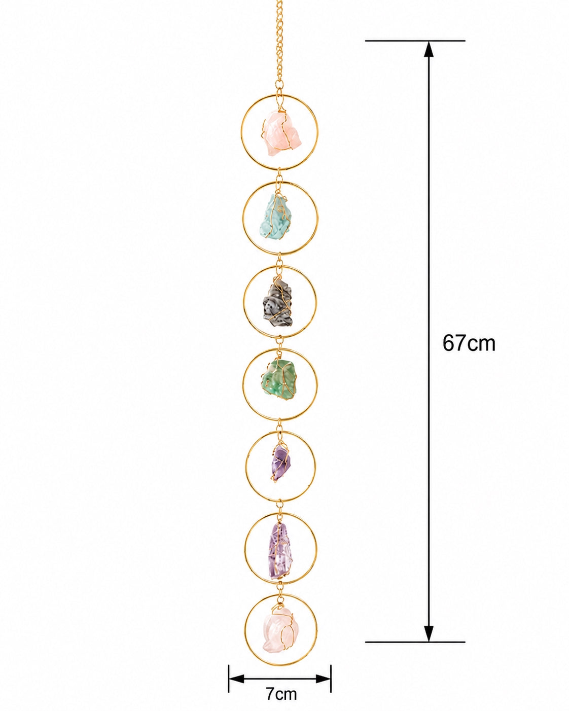 Colourful natural crystal window hanging shown with its overall length and product measurements on a white background.