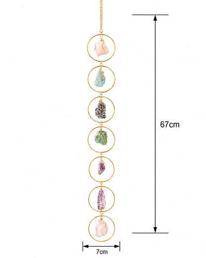 Colourful natural crystal window hanging shown with its overall length and product measurements on a white background.