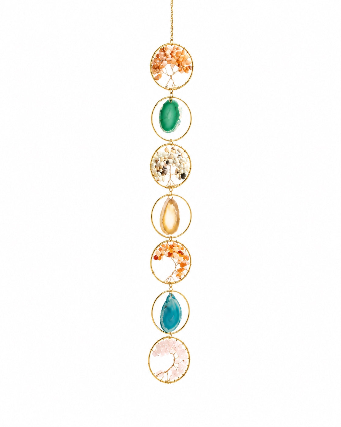 Full view of a colourful natural crystal tree of life hanging decoration with gold-toned circular frames on a white background.