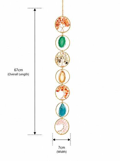 Colourful natural crystal suncatcher shown with its overall length and detailed product measurements on a white background.