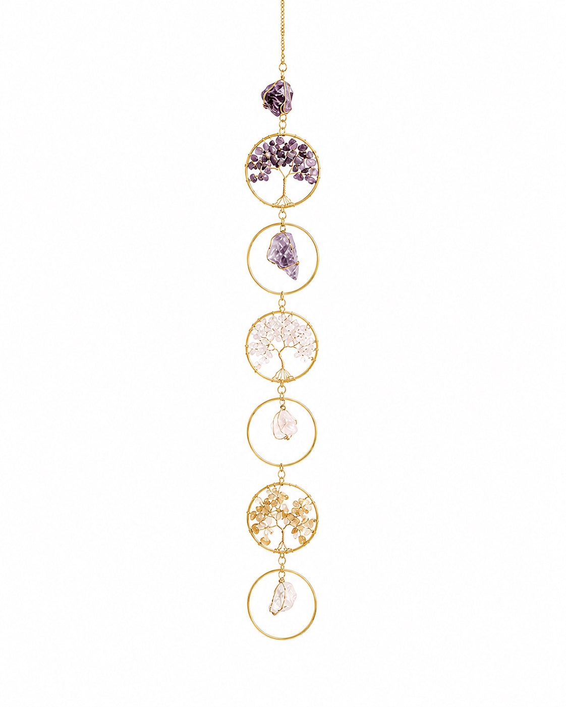 Colourful natural crystal tree of life hanging decoration on a white background.