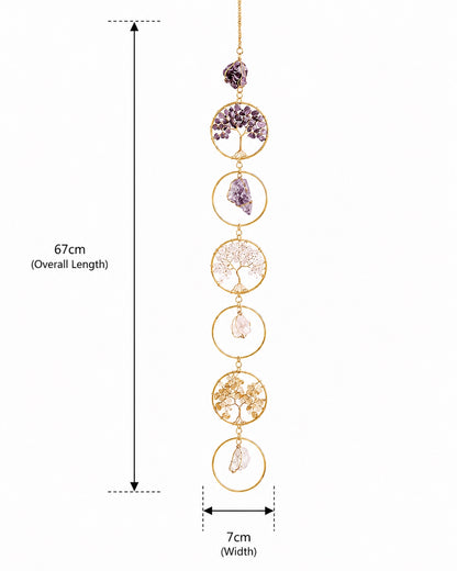 Colourful natural crystal tree of life hanging decoration shown with product dimensions.