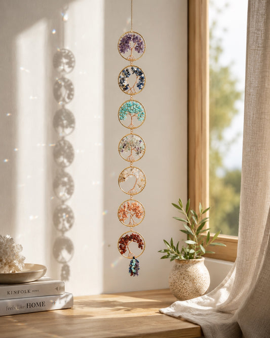 Colourful natural crystal tree of life hanging decoration displayed by a sunlit window.