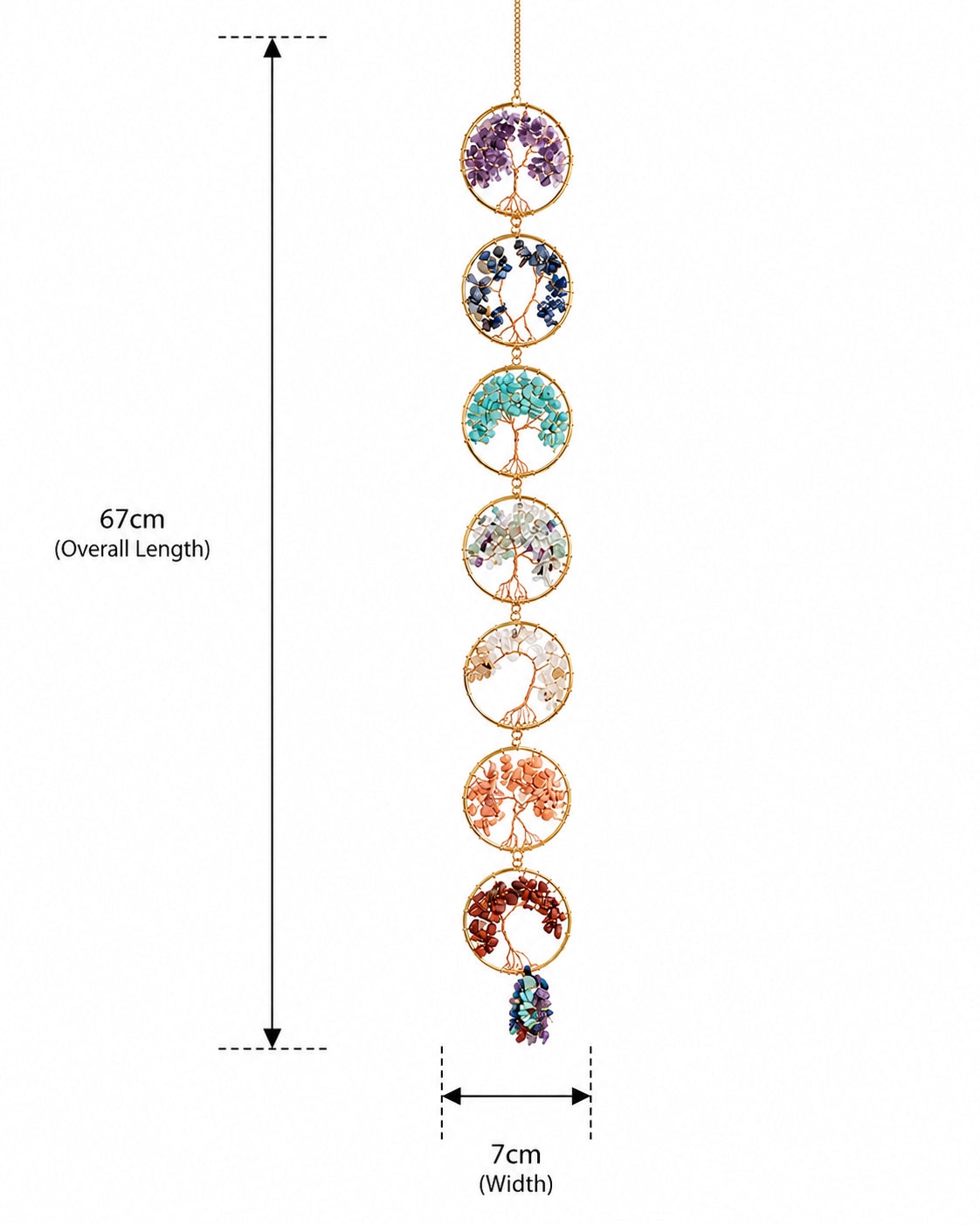 Colourful natural crystal tree of life hanging decoration shown with product dimensions.