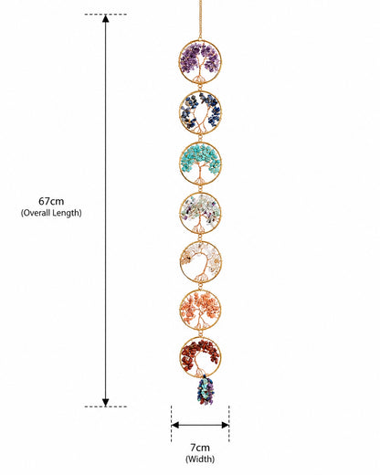 Colourful natural crystal tree of life hanging decoration shown with product dimensions.