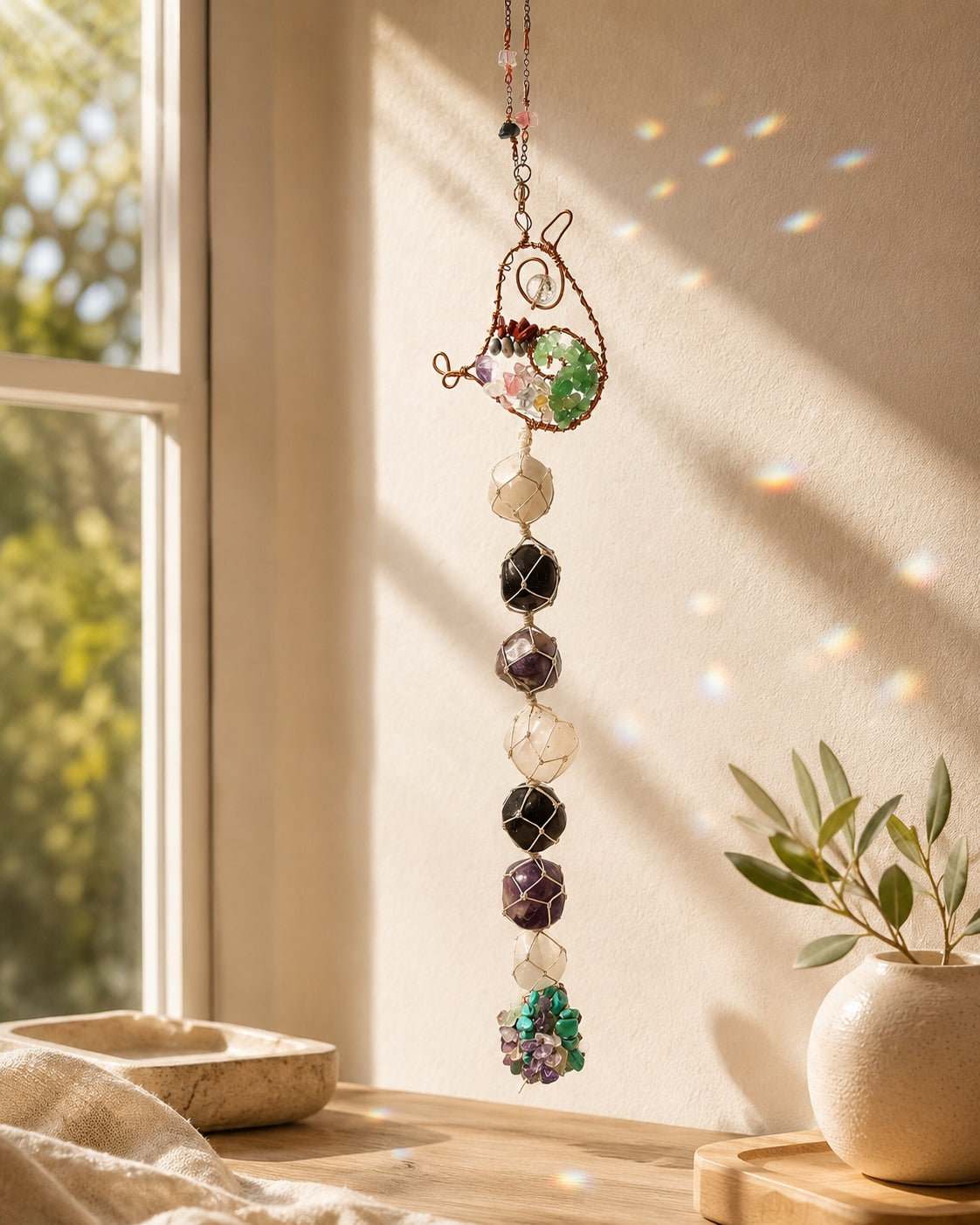 Bird-shaped natural crystal suncatcher hanging by a sunny window and casting rainbow reflections on the wall.
