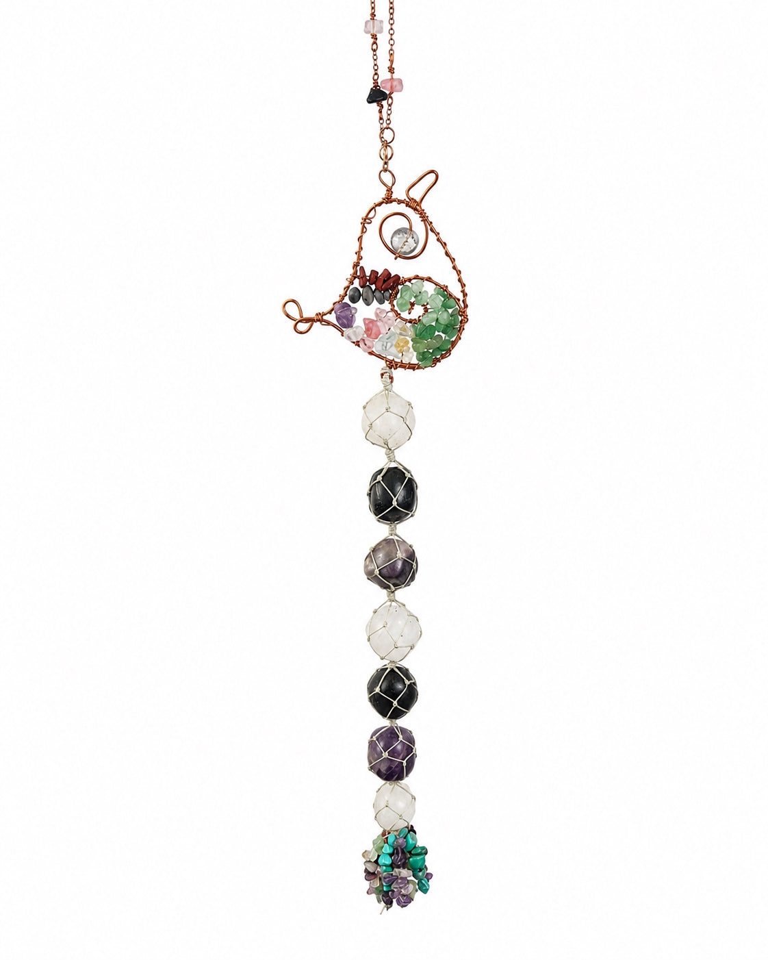 A beaded tassel hanging pendant featuring a bird-shaped wire charm with colorful floral details, suspended from a silver-toned chain with pink and green beads, and hanging from a long strand of faceted gemstone beads in purple, black, white, and green on a plain white background.