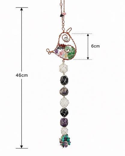 A beaded hanging ornament with a copper-toned bird-shaped wire frame, colorful beads, and a long dangling strand of faceted beads, shown on a white background with measurement annotations indicating 46 cm total height and 6 cm width of the heart detail.