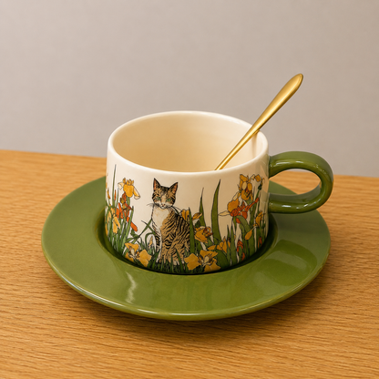 Cat & Floral Cup and Saucer Set