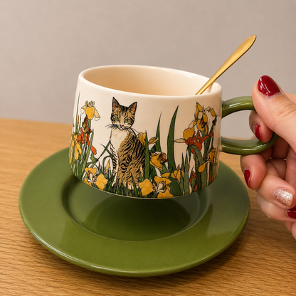 Cat & Floral Cup and Saucer Set