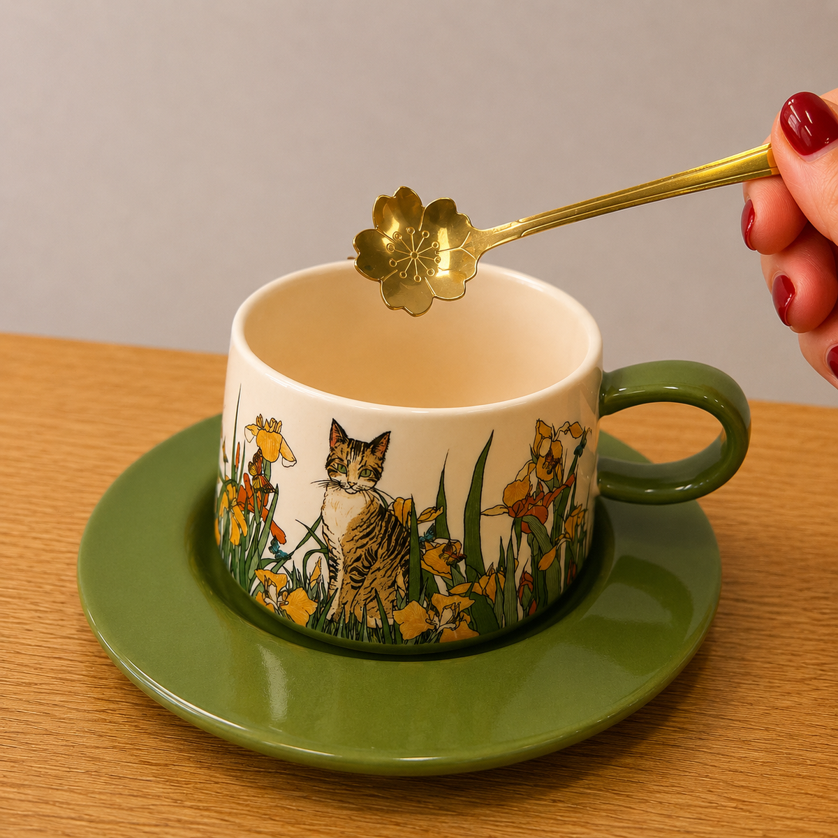 Cat & Floral Cup and Saucer Set
