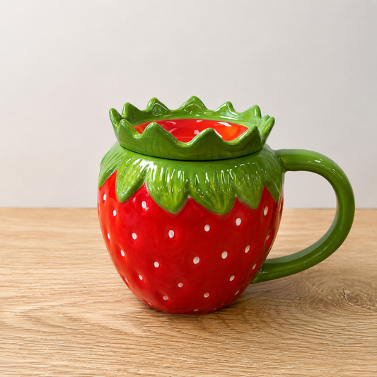A ceramic strawberry-shaped mug with a matching lid, featuring a glossy red body with white polka dots, green leafy crown details, and a green handle, set on a light wood surface against a neutral background.