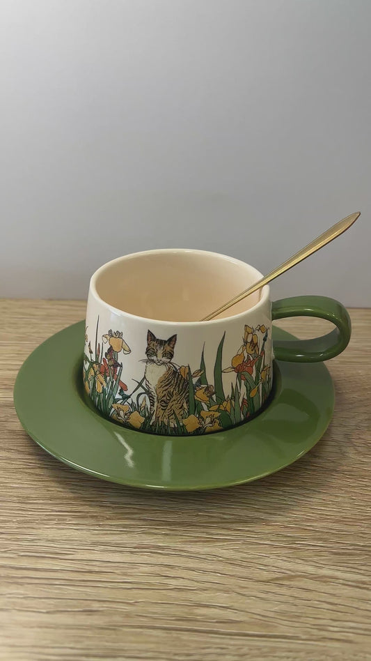 Cat & Floral Cup and Saucer Set
