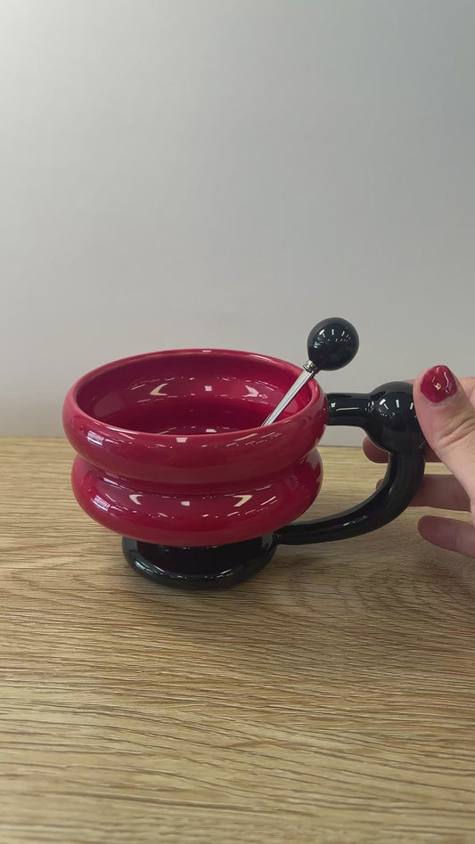 Red & Black Bubble Handle Mug with Spoon