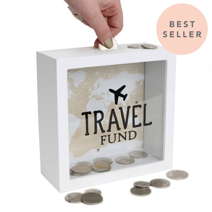 Splosh Travel Fund Change Box with a world map and plane design
