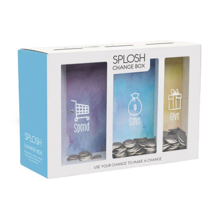 Splosh Spend Save Give Change Box in its gift packaging