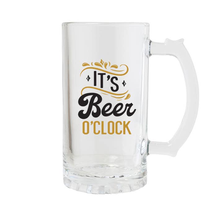 Splosh Beer O'Clock handled beer glass with black and gold lettering