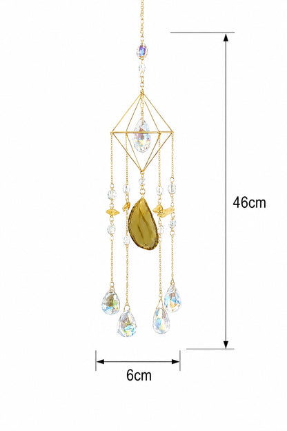 Gold-toned geometric natural crystal suncatcher with agate and hanging prisms, shown with detailed product measurements on a white background.