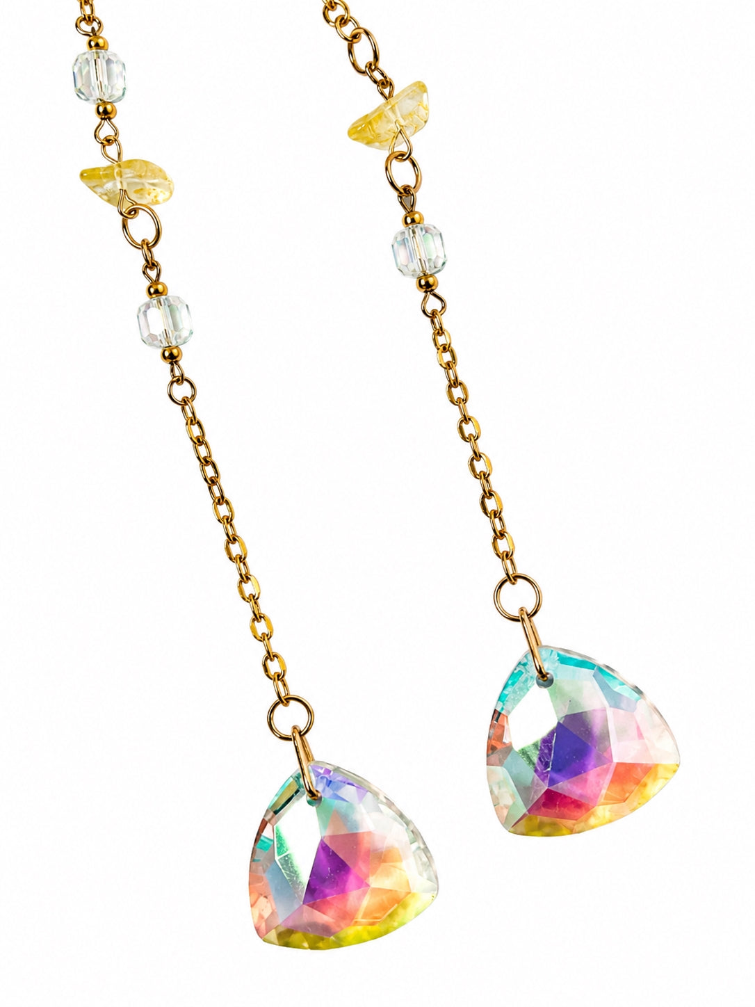 Close-up of faceted iridescent teardrop crystal prisms designed to catch sunlight and create colourful rainbow reflections.