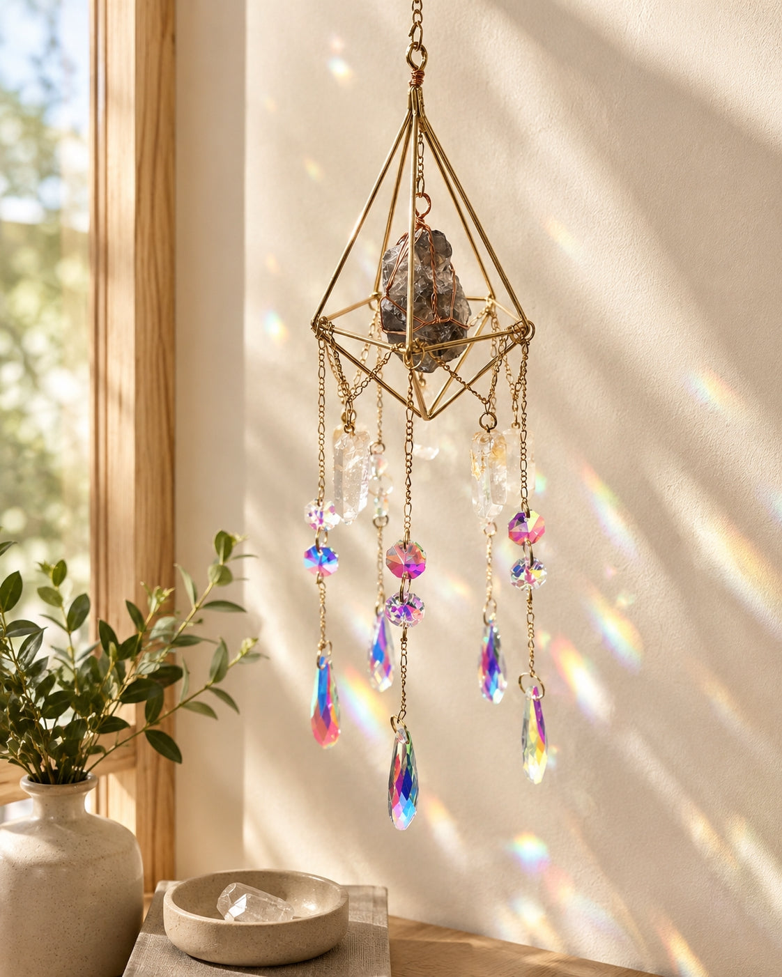 Geometric natural crystal suncatcher hanging by a sunlit window and creating colourful rainbow reflections as elegant boho home decor.