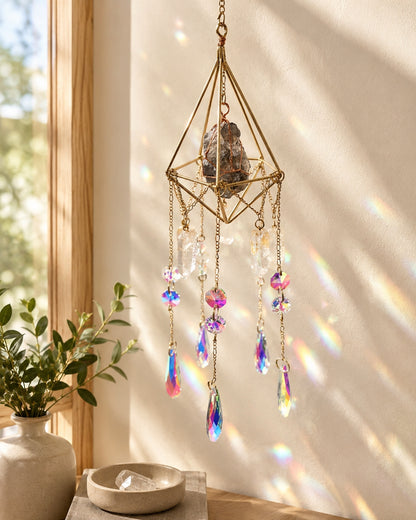 Geometric natural crystal suncatcher hanging by a sunlit window and creating colourful rainbow reflections as elegant boho home decor.