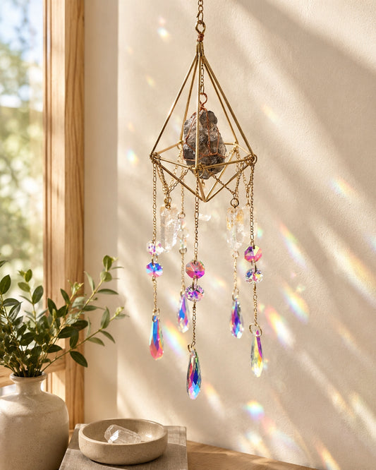 Geometric natural crystal suncatcher hanging by a sunlit window and creating colourful rainbow reflections as elegant boho home decor.